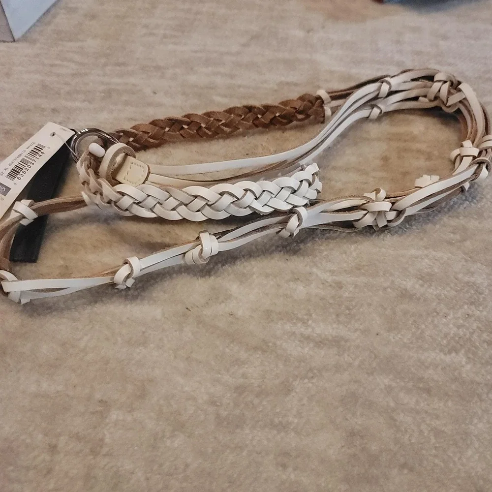 NWT Chaps Braided Leather Belt White Tan Knotted Accent Silver Buckle Women's XL